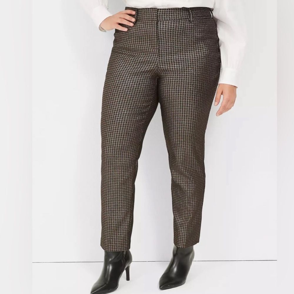 Lane Bryant NWT 4-Season Slim Ankle Mid-Rise Pants Black Gold Houndstooth 14